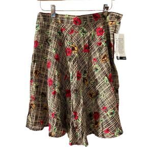 Vintage 80s Floral rayon skirt Brown & Red Poppy Print